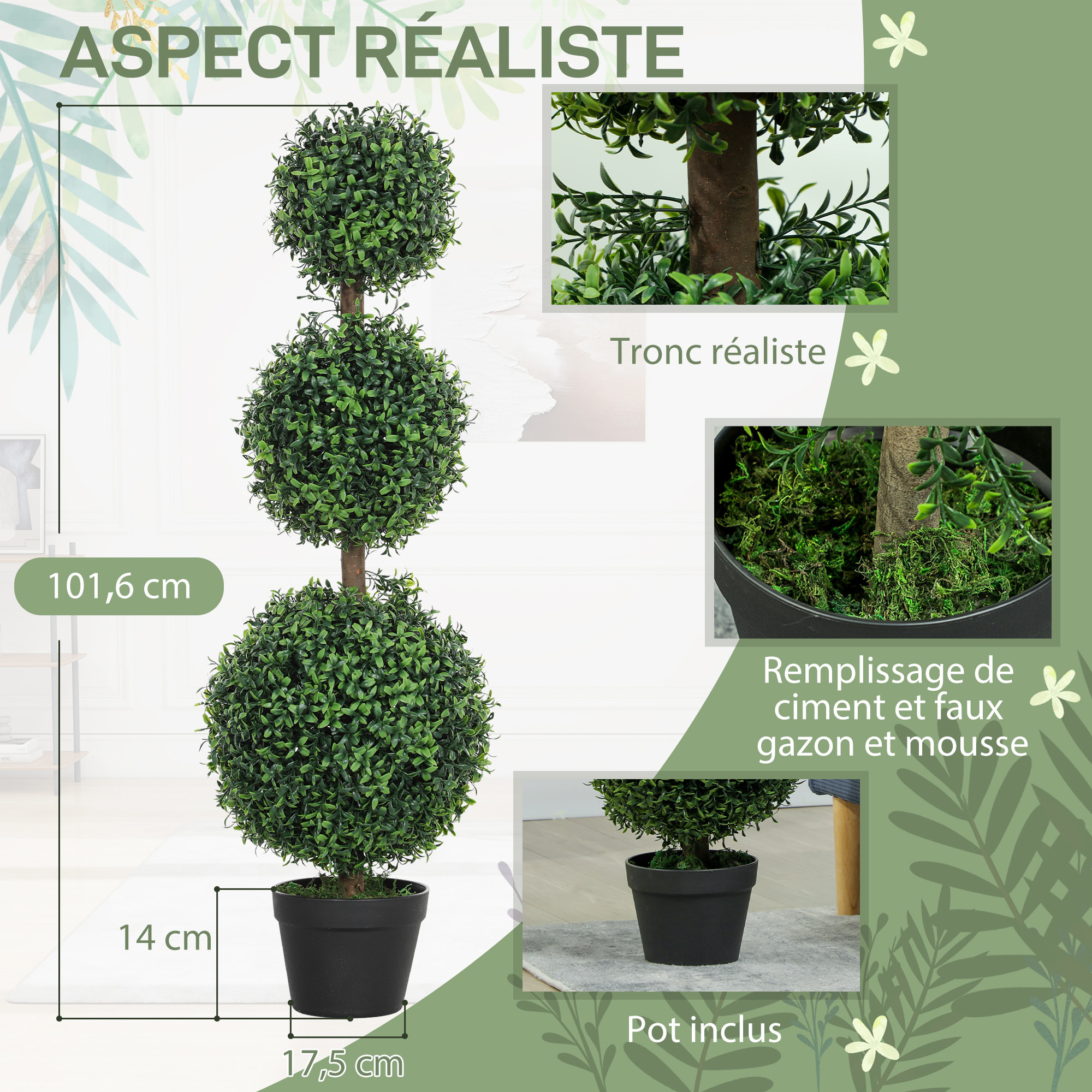Lot de 2 buis artificiels topiaires en forme de boules x 3 dim. Ø30 x 101H cm avec pots
