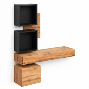 Mobile Ingresso Moderno Con Pensili A Giorno Mensole Sospese Con Cassetto E Anta Salvaspazio Design Nordico 100 x 170 x 30 Cm Nero E Rovere