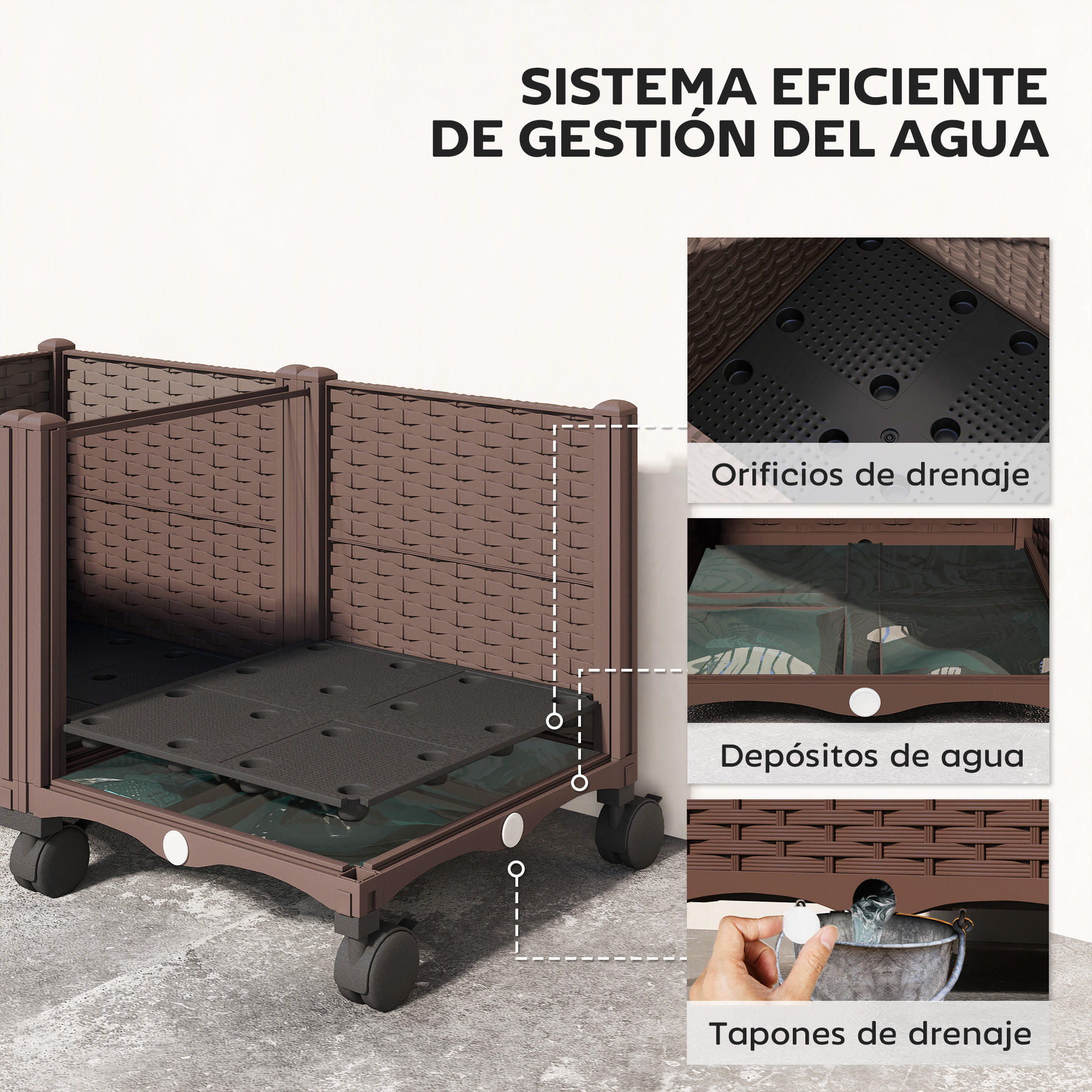 Jardinera Elevada con 6 Ruedas, Jardinera Exterior Móvil de Plástico con Riego Automático y Drenaje, Macetero Exterior para Cultivos, Plantas, Jardín, Terraza, 80x40x43 cm, Marrón