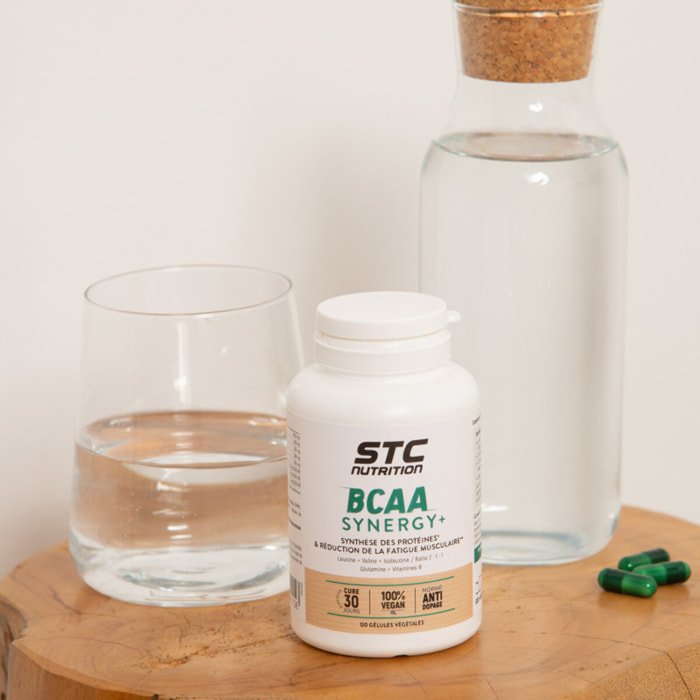 STC NUTRITION - BCAA Synergy+ - Complément alimentaire riche en acides aminés branchés - Augmente la résistance à l'effort - Réduit la fatigue musculaire - Limite les courbatures - Lot de 2 piluliers