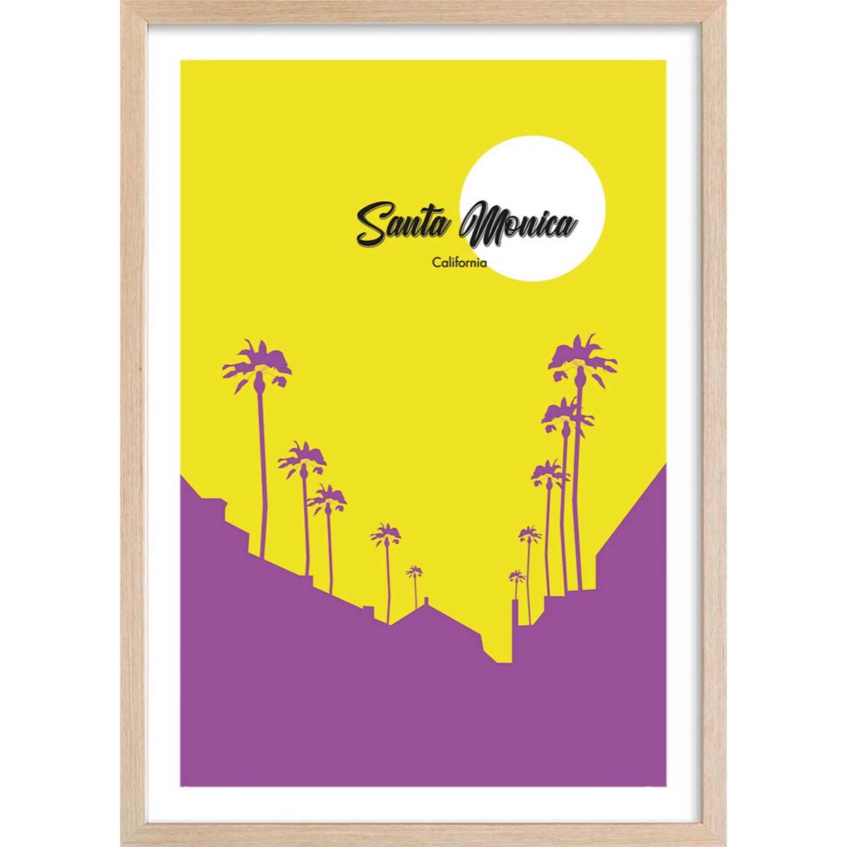 Affiche graphique santa monica californie Affiche + cadre en bois - Chêne