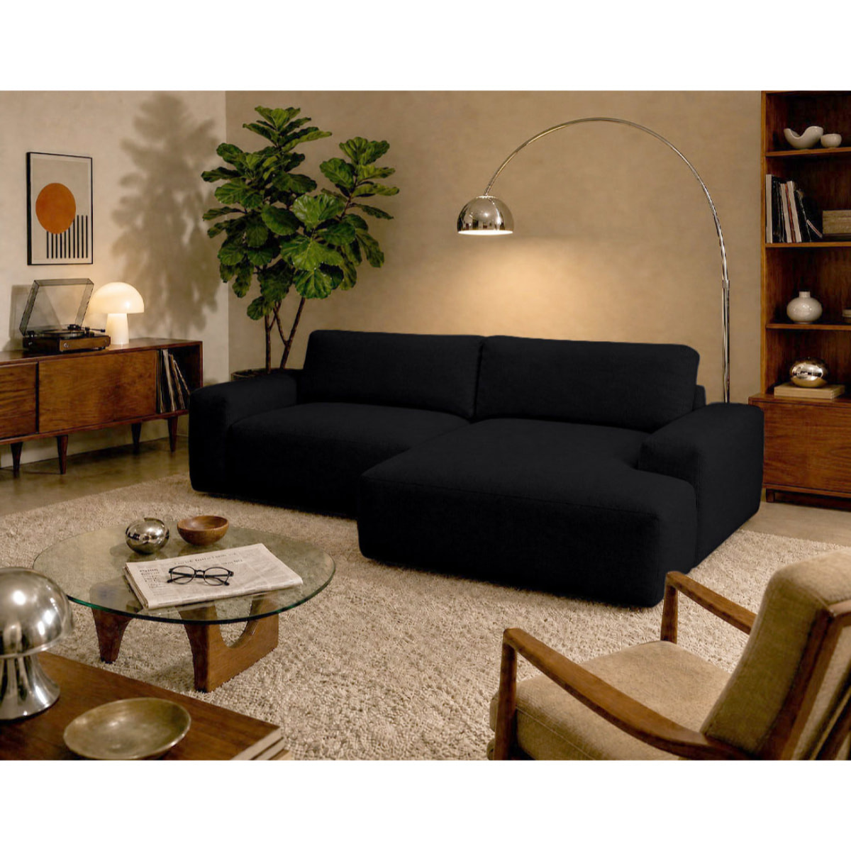 Tama - Canapé d'angle droit 4 places convertible avec coffre en tissu - Noir