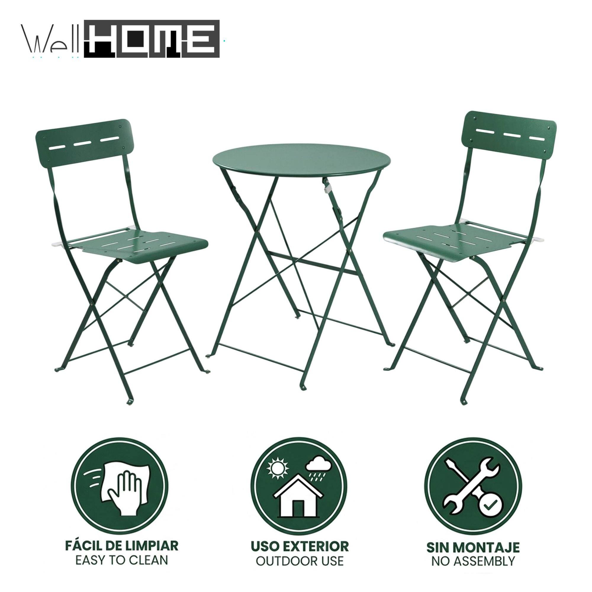 Set bistro plegable de 3 piezas (mesa 60cm + 2 sillas) en acero y verde, compacto para balcón