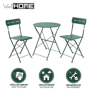 Set bistro plegable de 3 piezas (mesa 60cm + 2 sillas) en acero y verde, compacto para balcón