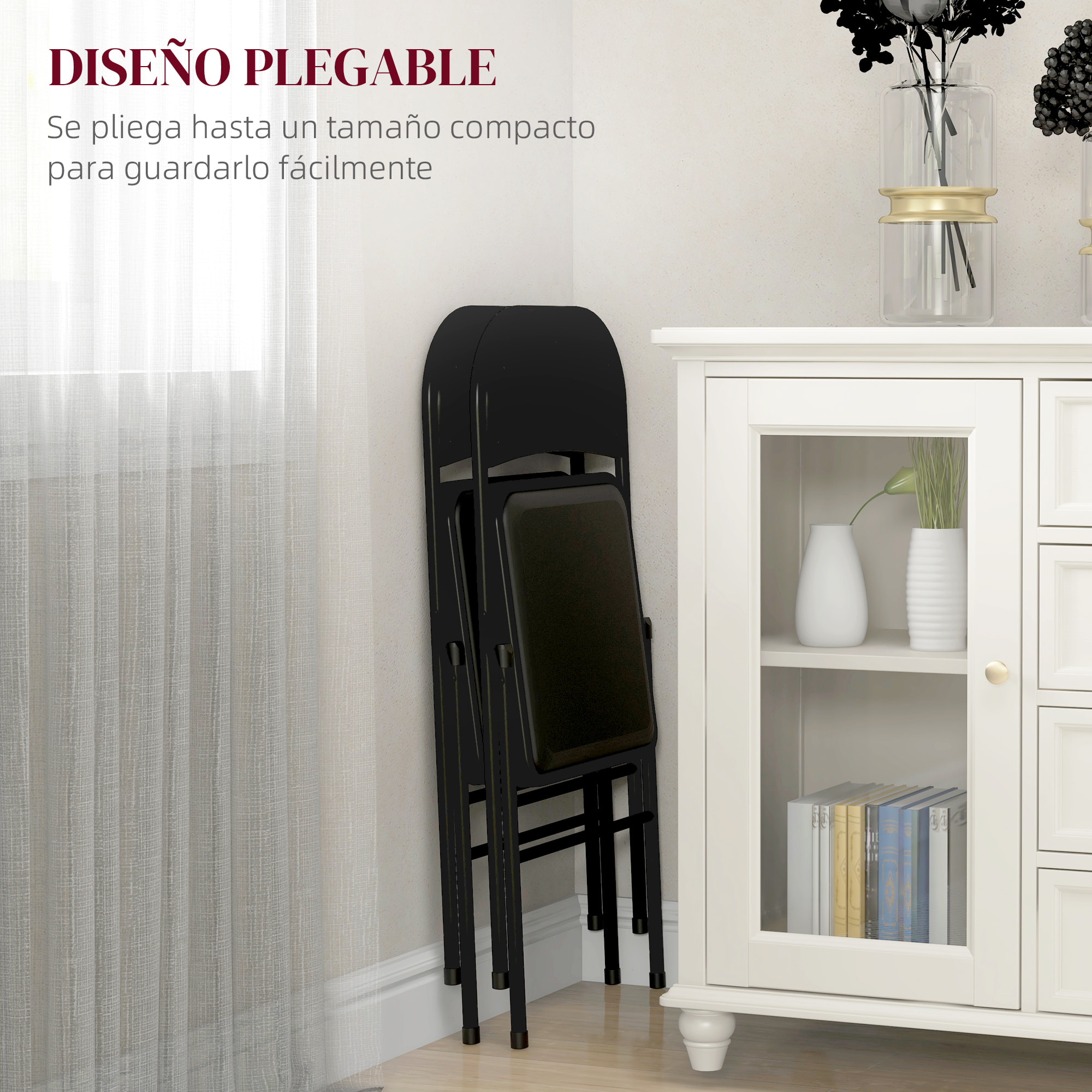 Juego de 2 Sillas Plegables Acolchadas con Respaldo y Estructura de Acero, para Salón, Comedor, Cocina, 45x46x78 cm, Negro