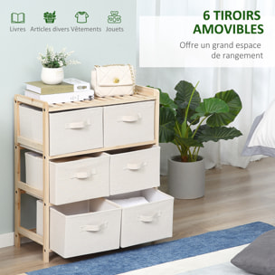 Commode 6 tiroirs tissu polyester beige dim. 59L x 28l x 70H cm bois sapin