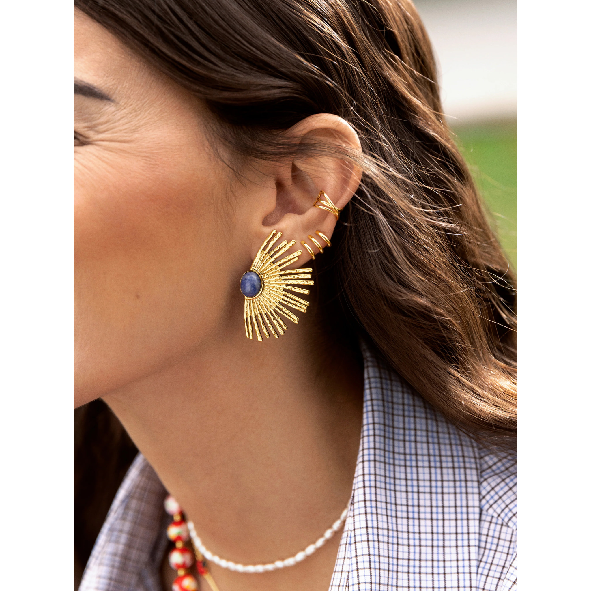 Pendientes Sunbeam Azul Acero Baño Oro