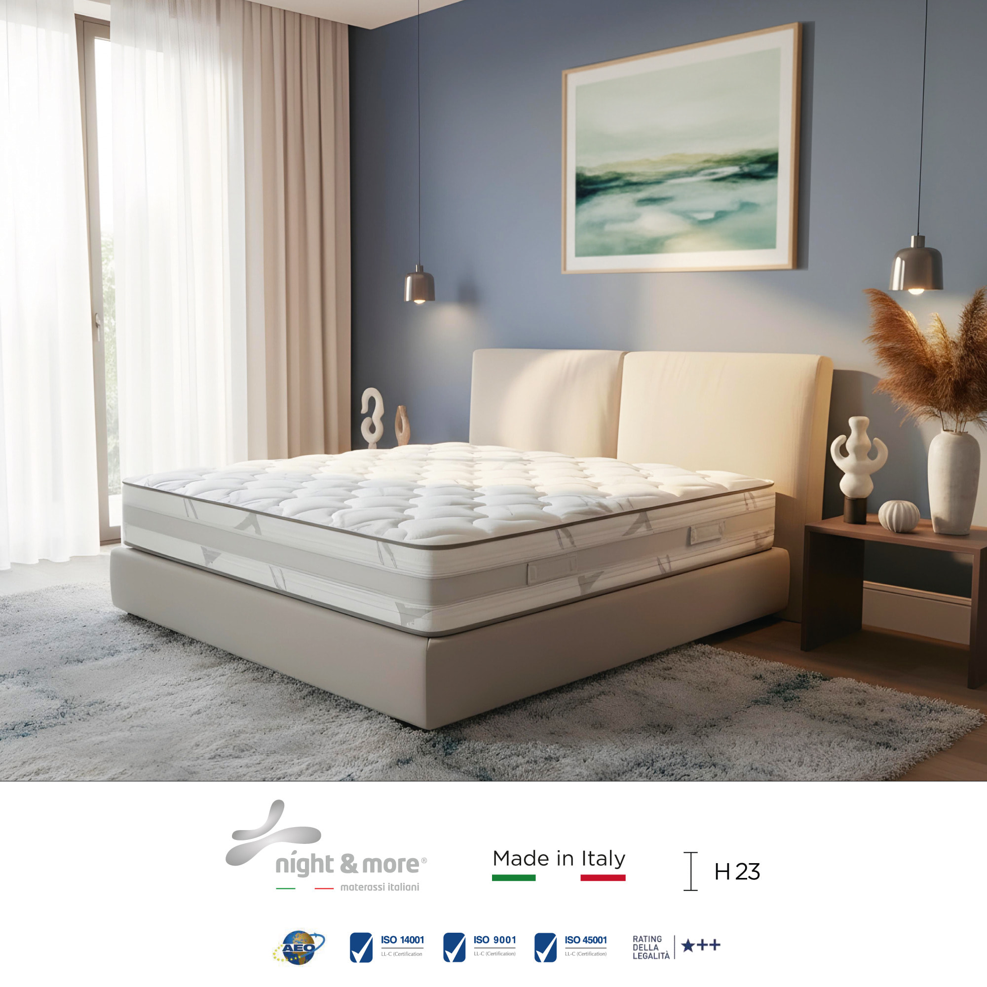 "Dalia" H23 cm 180x200 2 guanciali Memory OMAGGIO sfoderabile in schiuma poliuretanica ad alta densità e Memory Foam con cristalli di gel