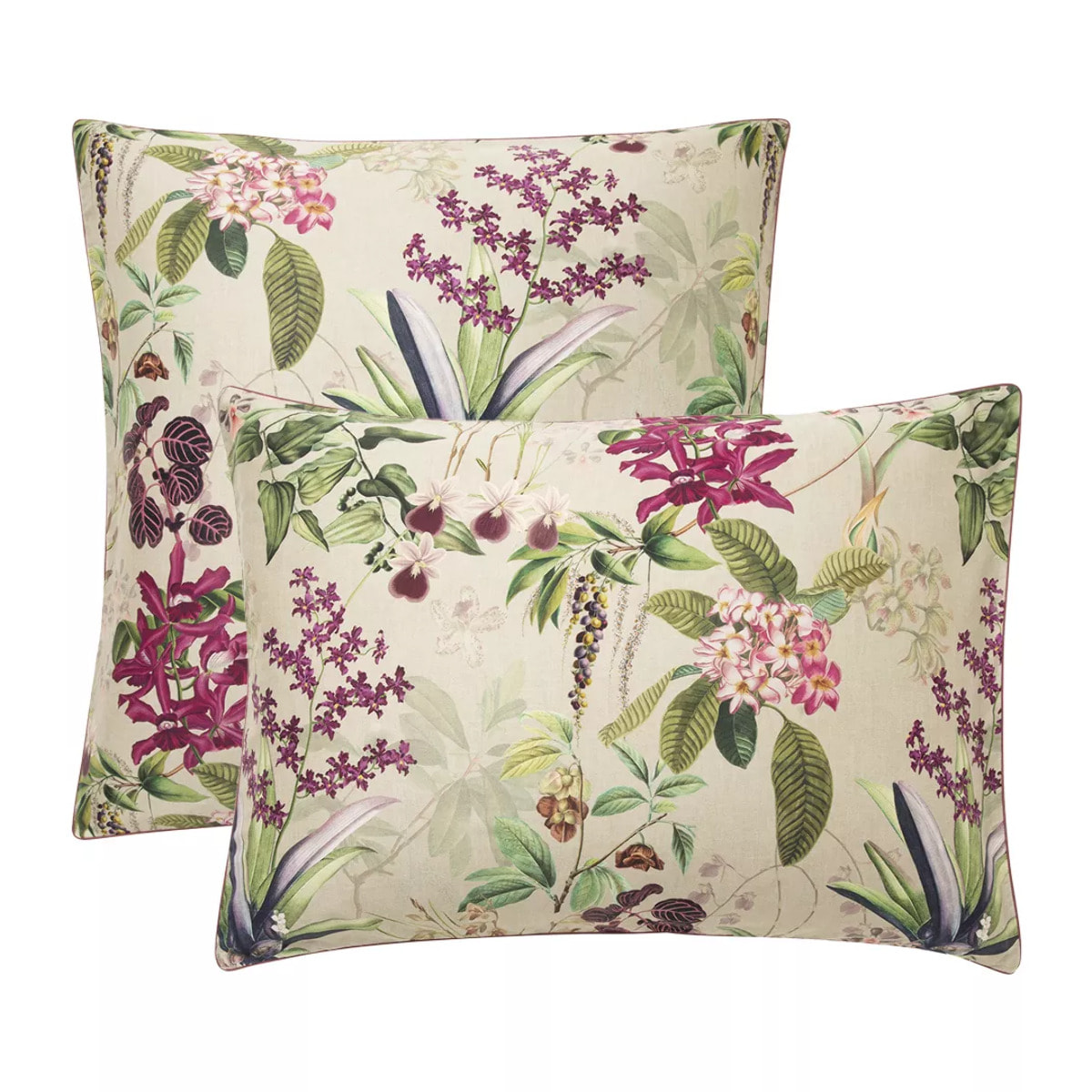 Taie d'oreiller satin de coton imprimé rose beige vert Parfum d'orchidee grege