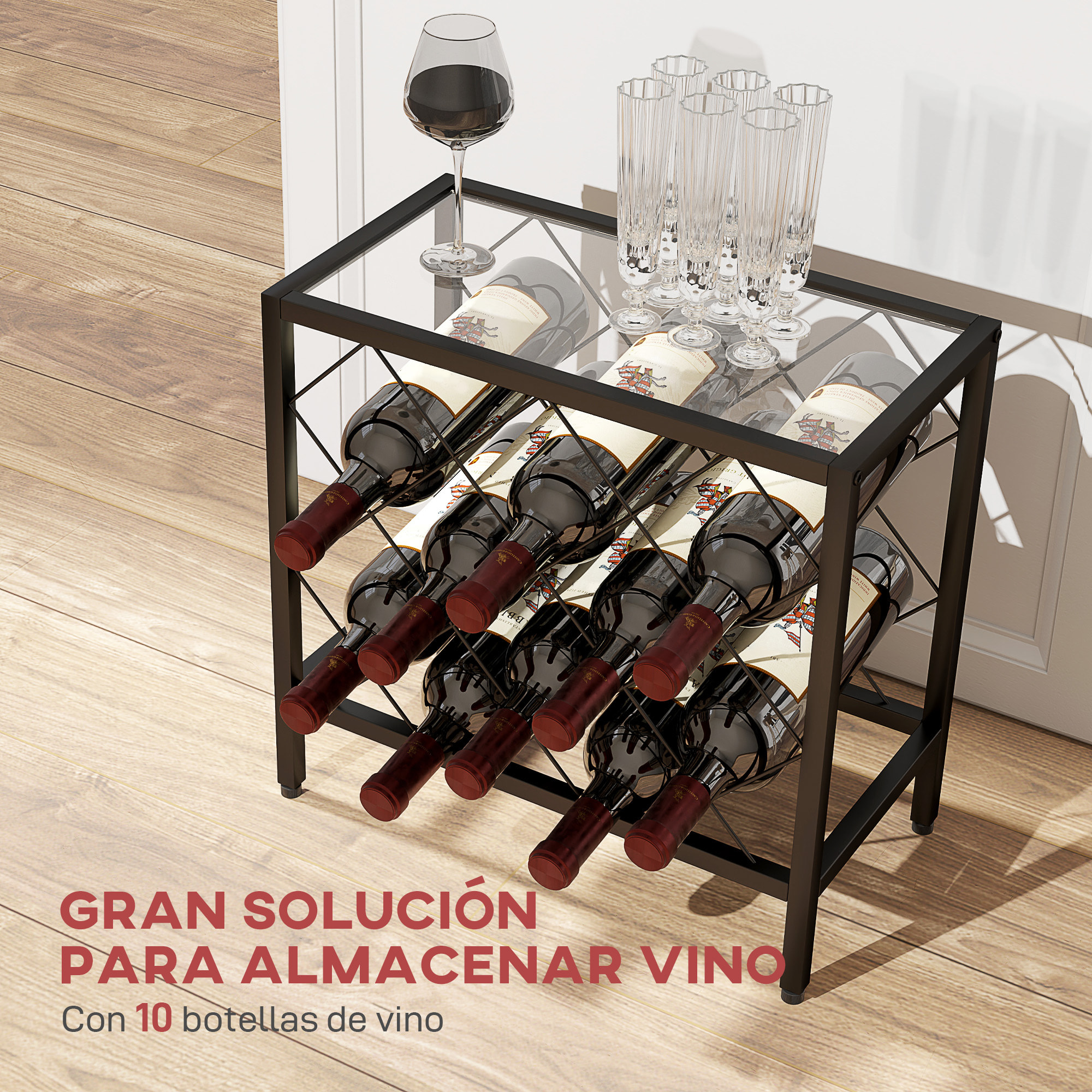 Botellero Vino para 10 Botellas Botellero con Encimera de Vidrio Templado y Marco de Acero para Salón Comedor 41x22x41 cm Negro