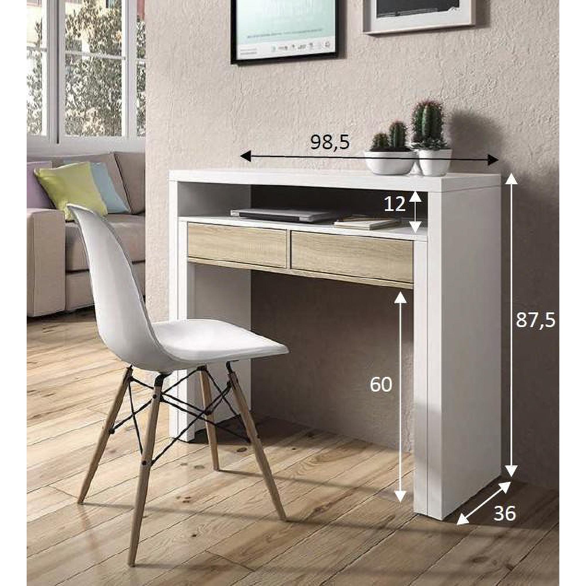 Consolle Billings, Scrivania con piano estensibile, Scrittoio porta PC con 2 cassetti, cm 99x36h88, Bianco e Rovere