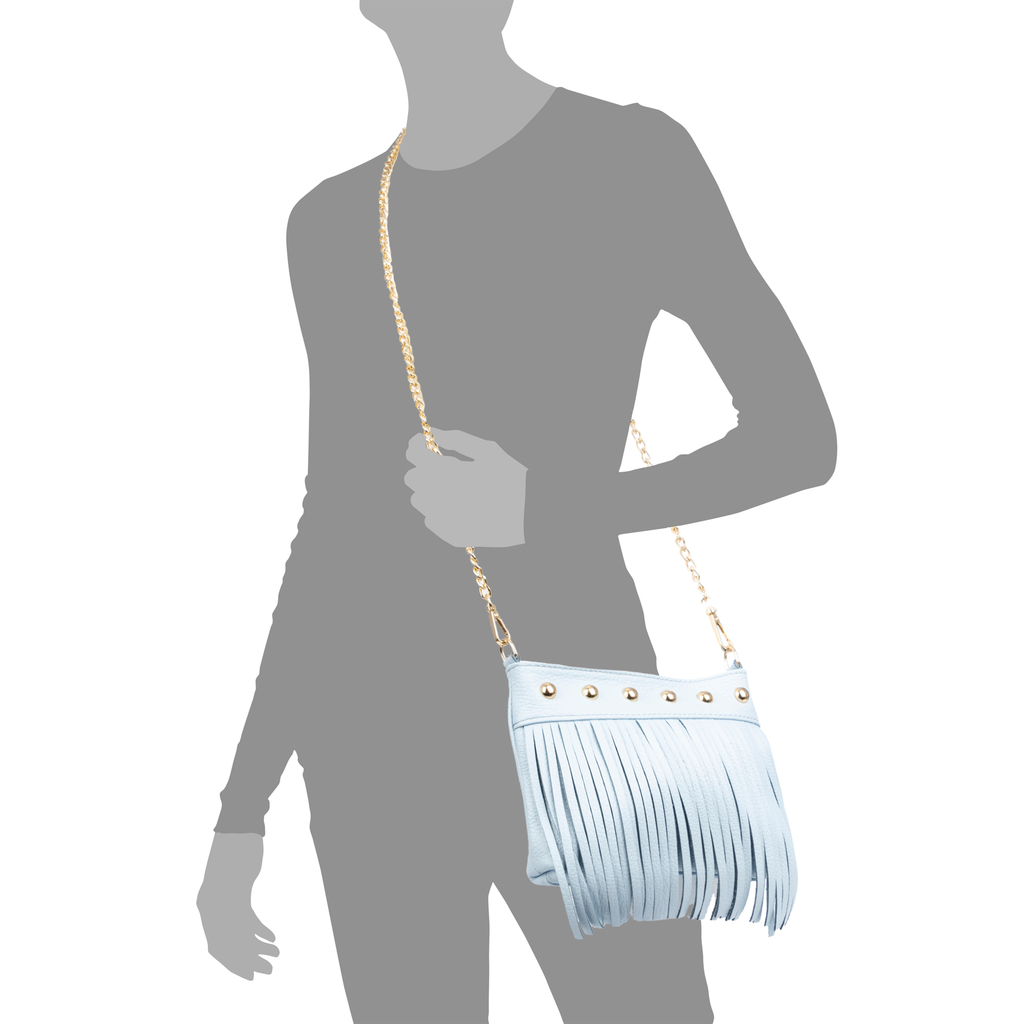 Bedulita Bolso bandolera Mujer. Piel auténtica Dollaro con flecos y detalles metálicos.