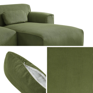 Canapé d'angle droit. 2 à 3 places. velours côtelé vert. Wallas L 196 x P 151 / 91 / x H 73cm