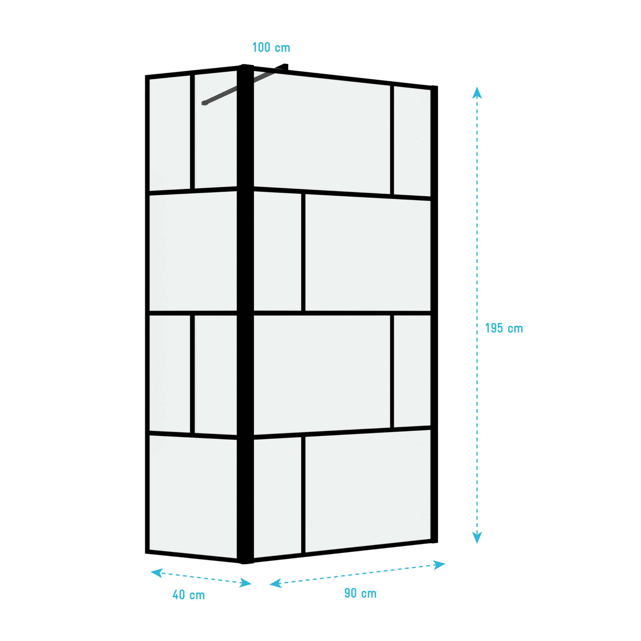 Paroi de douche avec pivot 90+40x195cm - Sérigraphie type Briques et Profilés Noir - Verre 5 mm