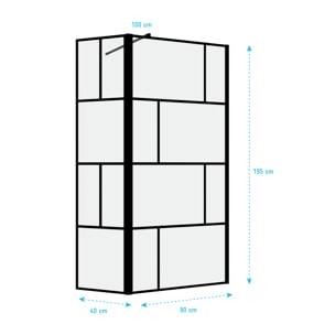 Paroi de douche avec pivot 90+40x195cm - Sérigraphie type Briques et Profilés Noir - Verre 5 mm