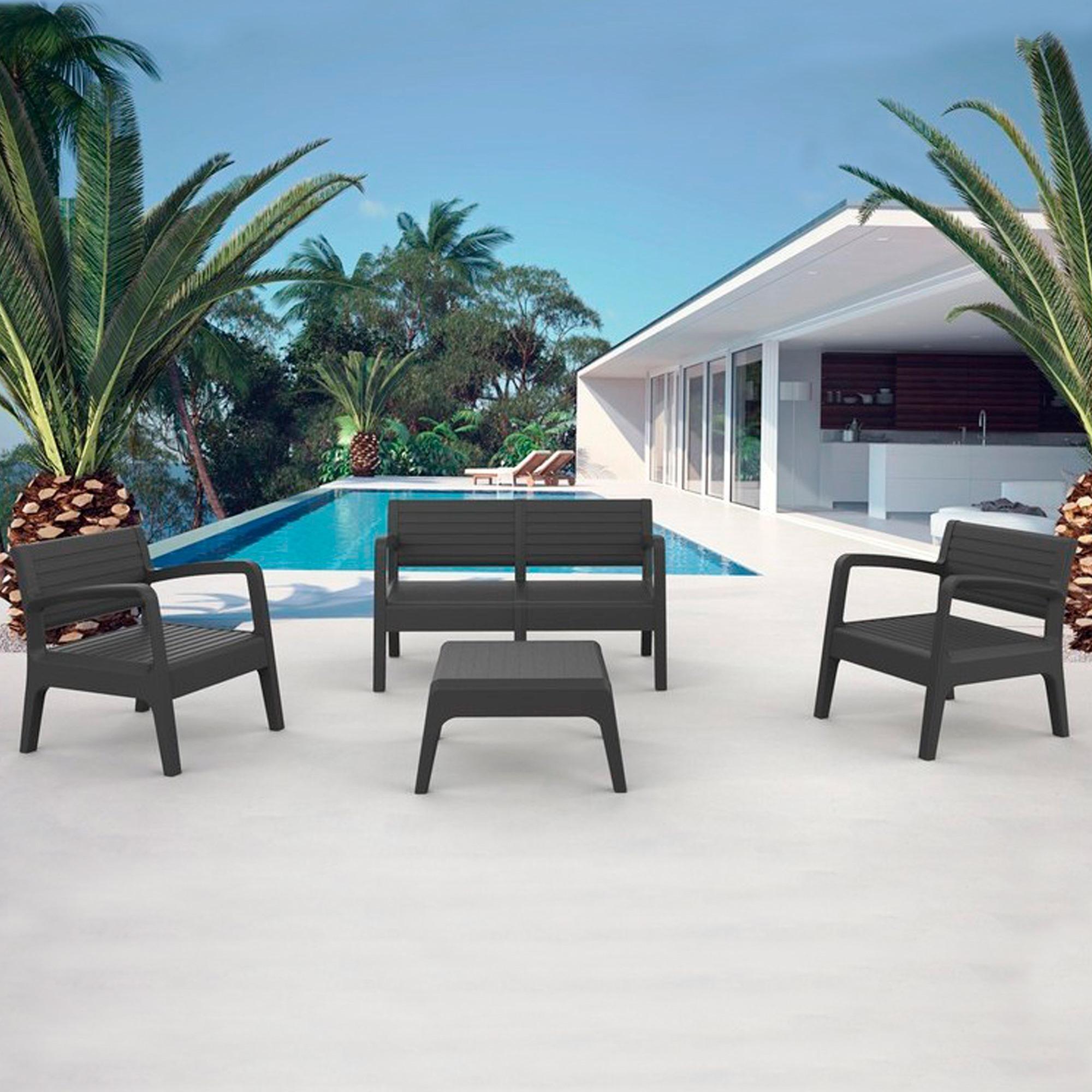 Conjunto muebles jardin exterior un sofá, dos sillones y una mesa color grafito