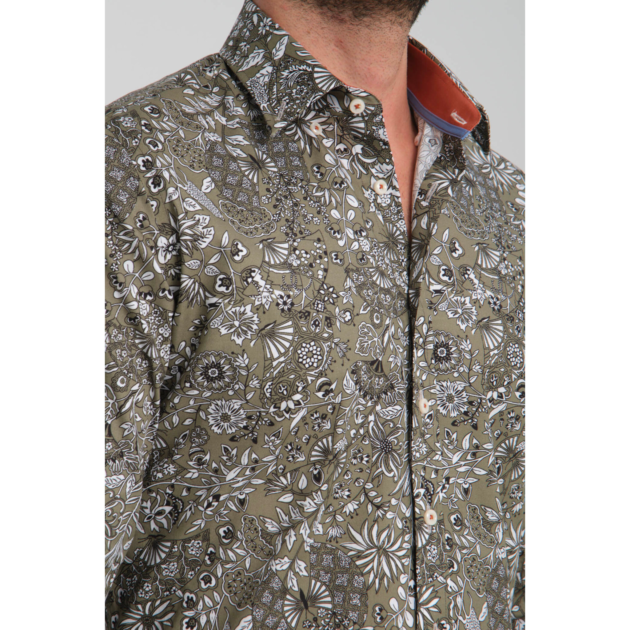 camicia uomo 1 bottone button down slim Popeline Stretch Stampato Verde Bianco