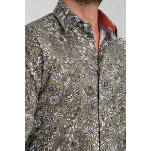 camicia uomo 1 bottone button down slim Popeline Stretch Stampato Verde Bianco