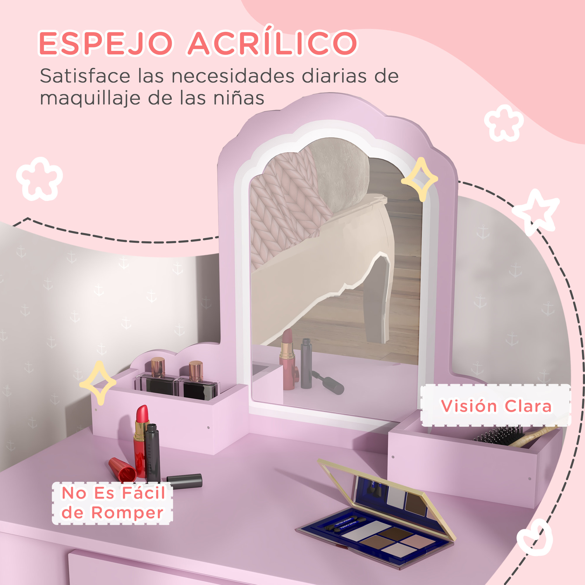 Tocador Infantil para Niñas y Niños de +3 Años Mesa de Maquillaje con Taburete y Espejo Tocador para Niñas con Cajón y Cajas de Almacenaje Forma de Nube Rosa