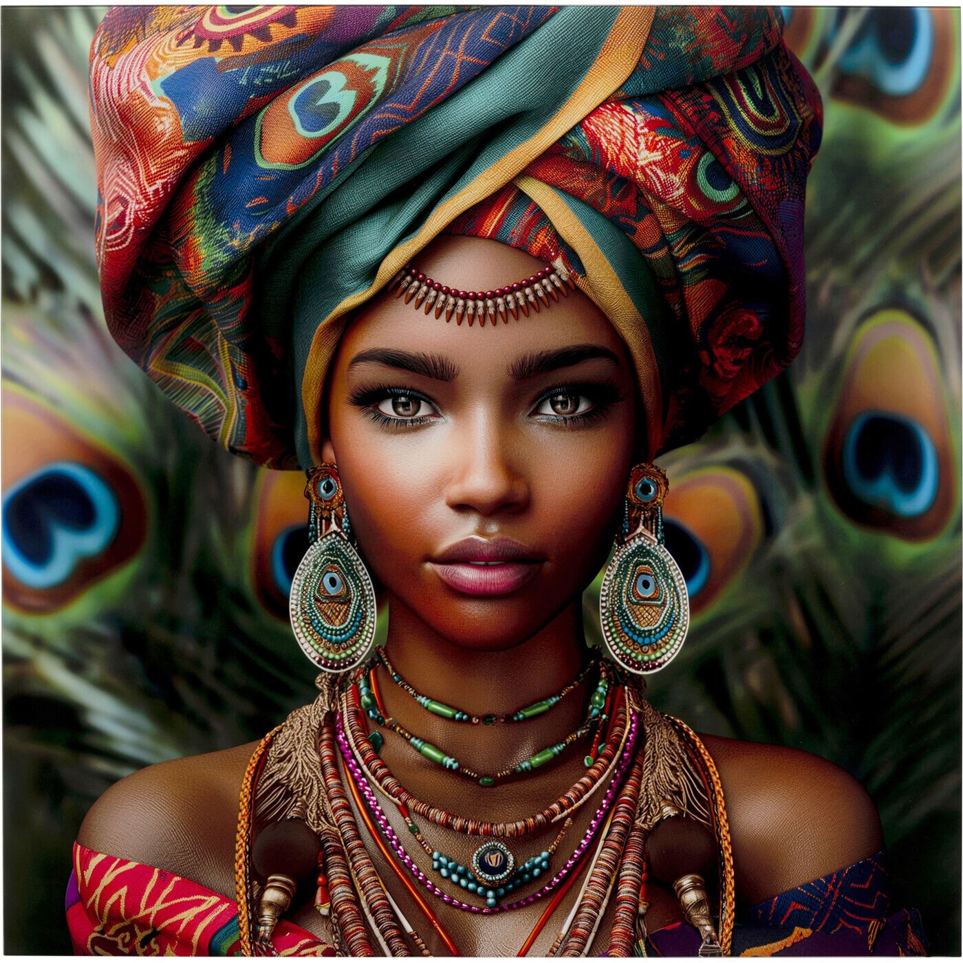 Tableau en verre femme paon 100x100cm Kare Design