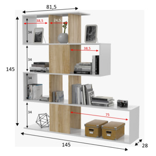 Libreria Design Zig Zag Scaffale Mensola Moderna Bianca Rovere Mobile per Libri con Ripiani per Soggiorno Salotto 145 x 145 x 29 cm Bianco Rovere