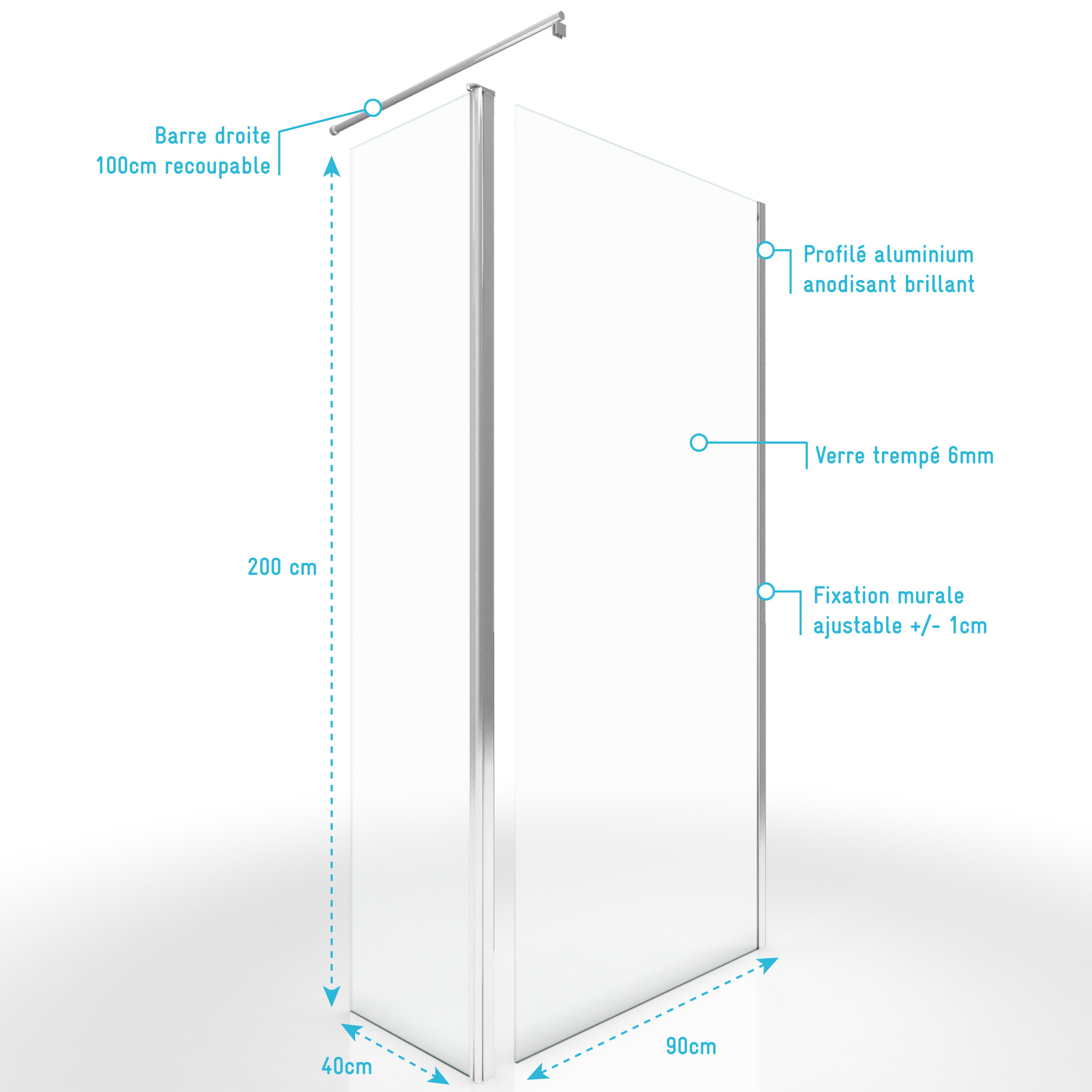 Paroi de douche a l'italienne - 90x200cm + Barre de fixation recoupable+ Volet pivotant