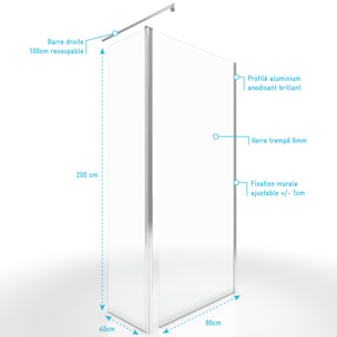 Paroi de douche a l'italienne - 90x200cm + Barre de fixation recoupable+ Volet pivotant