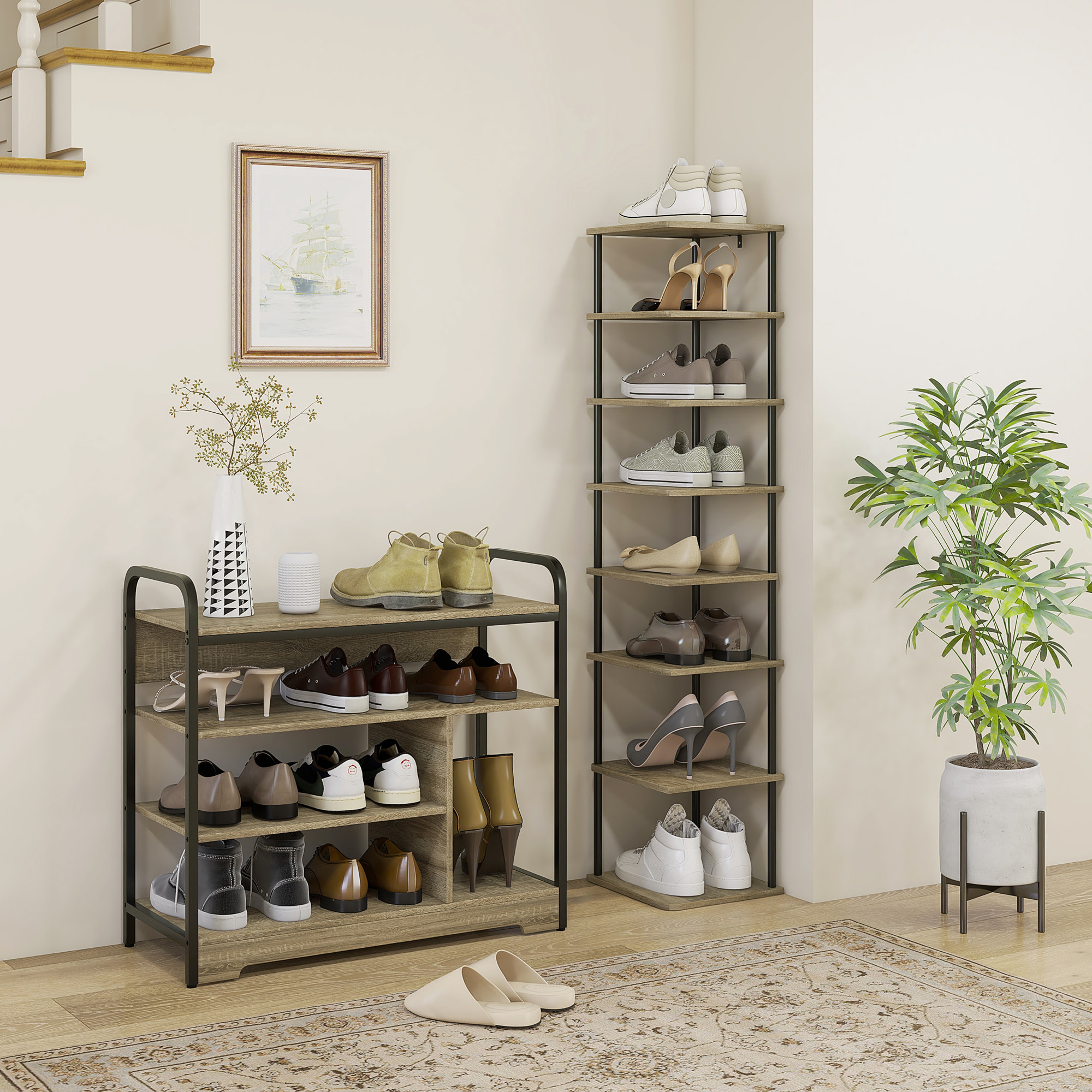 Meuble à chaussures 4 niv. style industriel - dim. 70L x 30l x 65H cm - métal noir aspect chêne clair