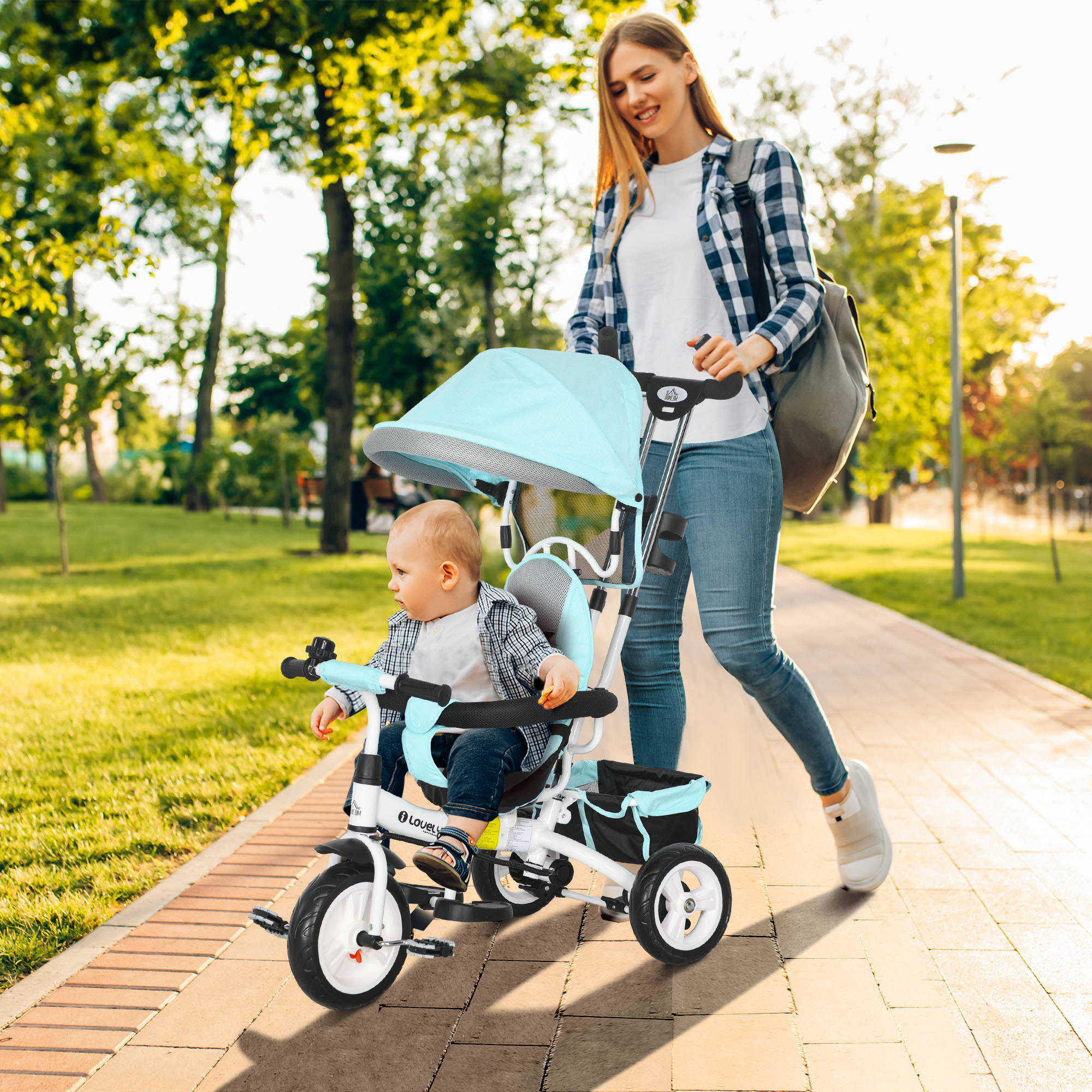 Triciclo para Bebés 6 en 1 Triciclo Evolutivo para Niños de 1-5 Años con Toldo Plegable Mango de Empuje Telescópico Cinturón de Seguridad y Cesto Carga 25 kg Verde Mint