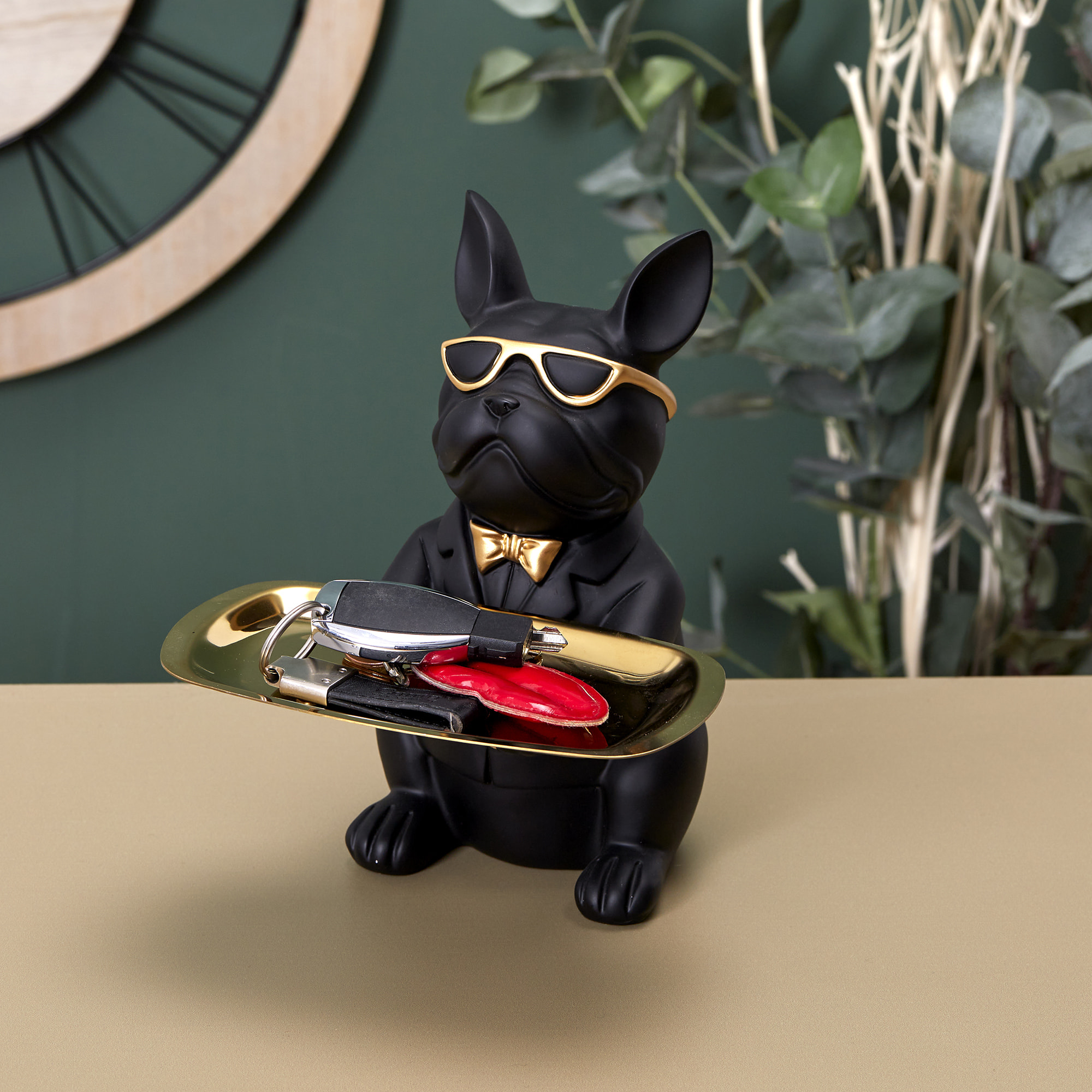 Sculpture Deco Bulldog Noir Vide Poche 21cm