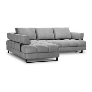 Canapé d'angle gauche convertible avec coffre de rangement "Clinton" 5 places en velours gris clair