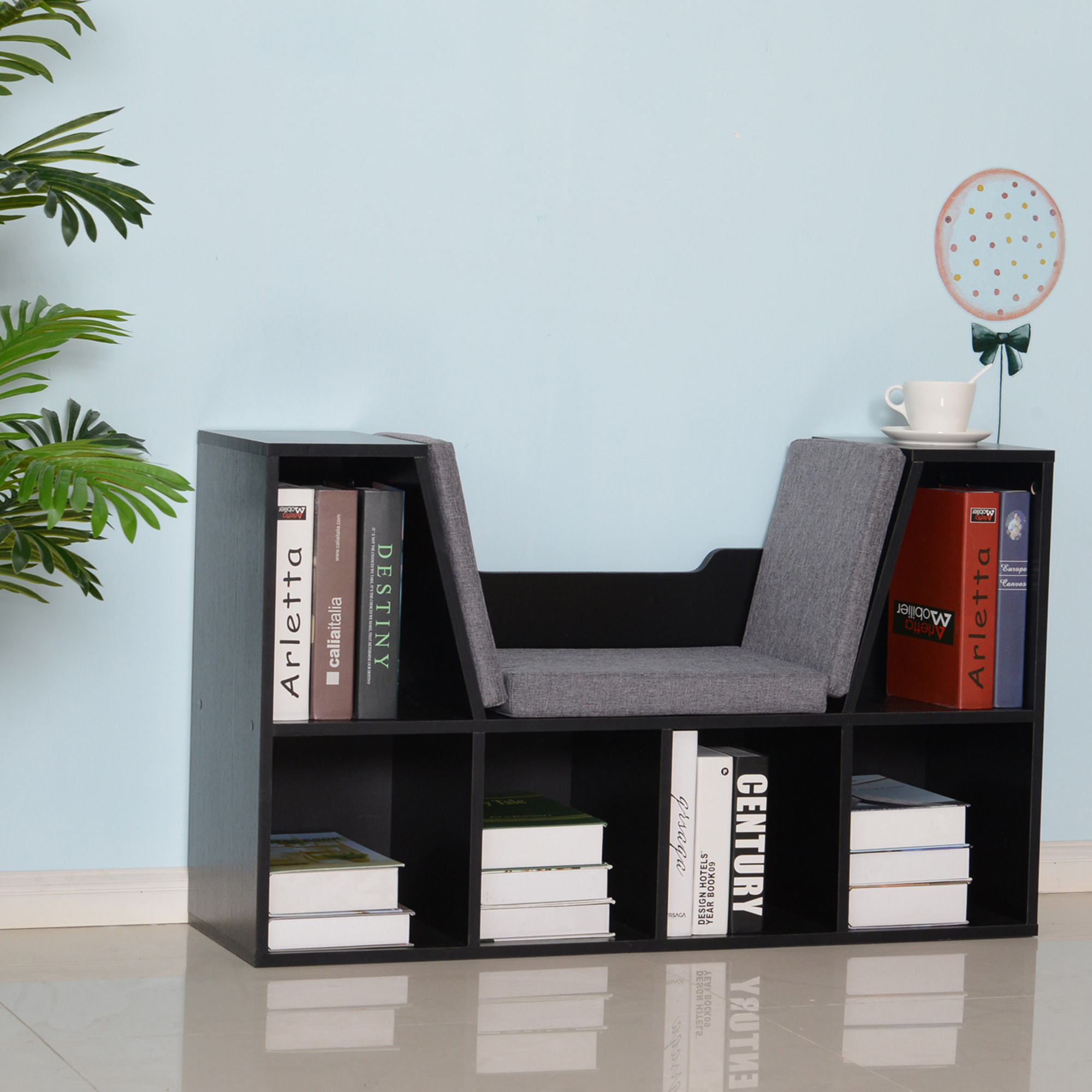 Bibliothèque banc 2 en 1 design contemporain 6 casiers 3 coussins fournis 102L x 30l x 61H cm noir gris