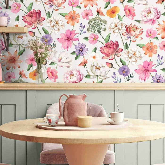 Papier peint grand motif floral artistique multicolore