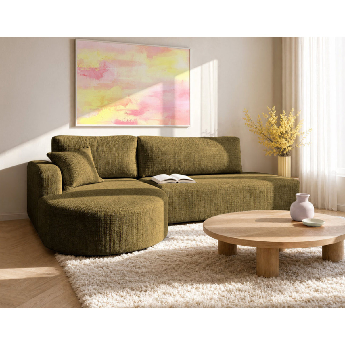Miro - Canapé d'angle gauche 4 places convertible avec coffre en velours texturé - Vert Olive