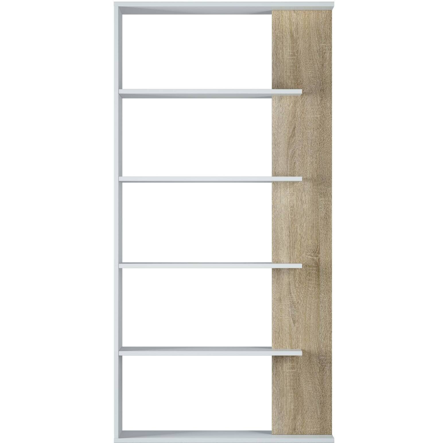 Libreria Columbia, Mobile portalibri bifacciale a 5 ripiani, Scaffale divisorio da ufficio o cameretta, cm 90x25h180, Bianco e Rovere