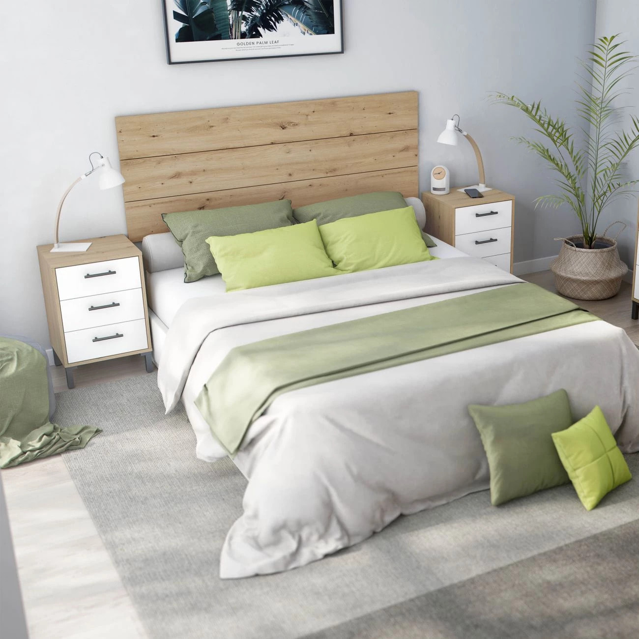 Mesita de noche de 3 cajones en blanco mate y roble nodi 40x33 cm Leia Blanco Artik (Blanco Mate) - Roble Nodi