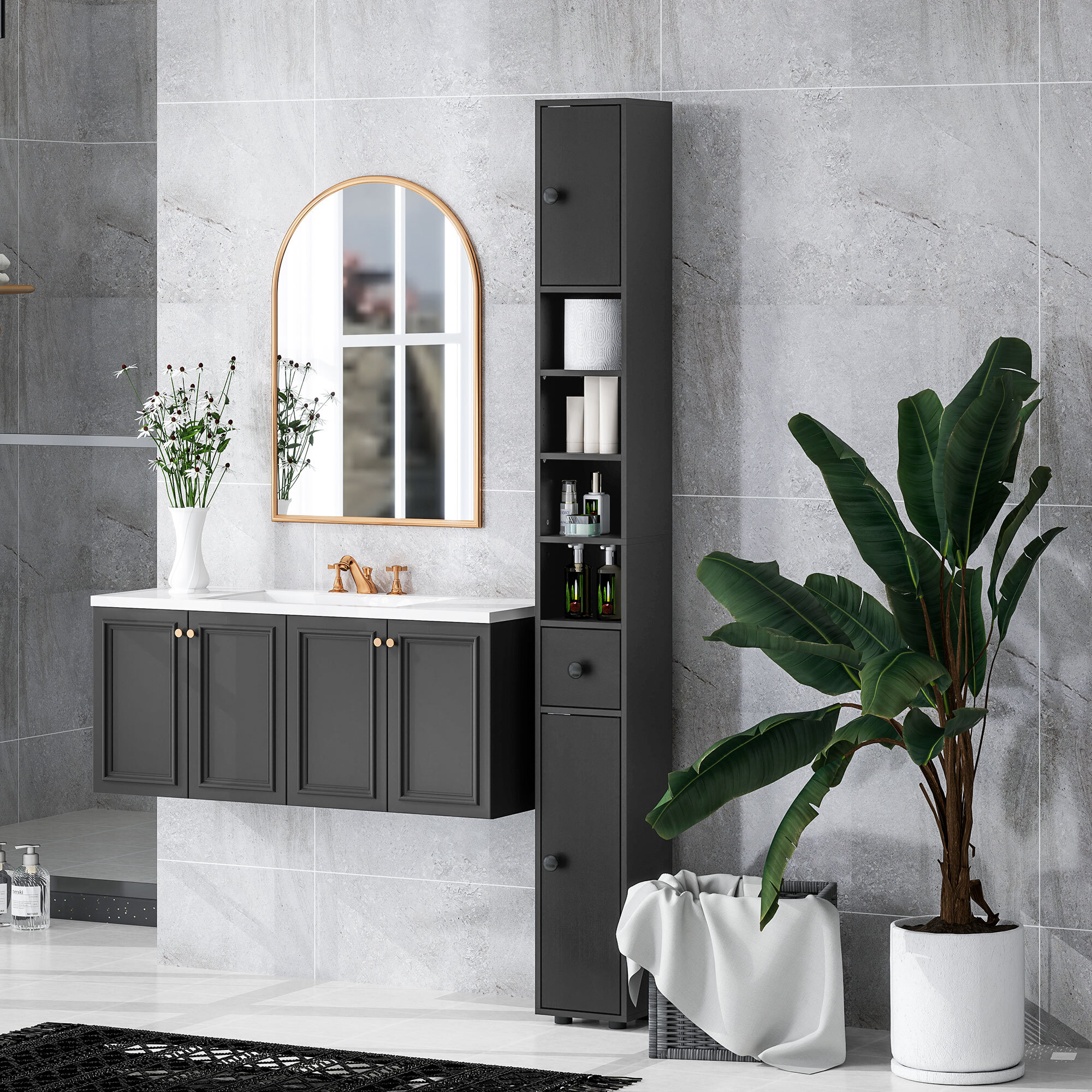 Armario de Baño Alto, Columna de Baño Estrecha con 1 Cajón, 4 Estantes Abiertos y Estantes Ajustables, 2 Puertas, Estilo Moderno, para Espacios Pequeños, 20x20x180 cm, Negro