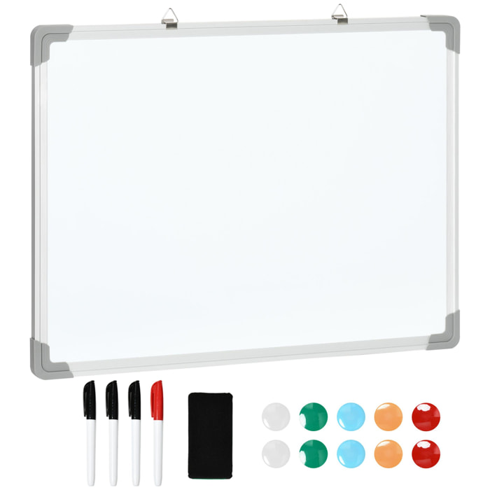 Tableau blanc aimanté magnétique dim. 60L x 45H cm nombreux accessoires inclus cadre aluminium