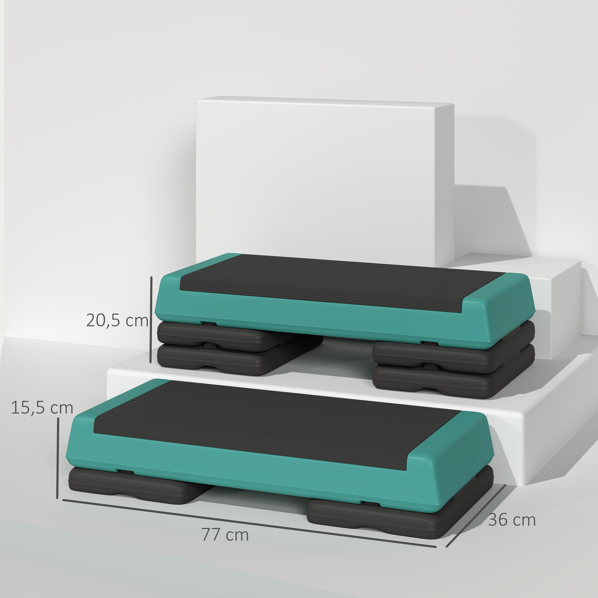 Step de Aeróbic, Step para Fitness Antideslizante, Altura Regulable 3 Niveles de 10,5/15,5/20,5 cm, Carga 250 kg, para Ejercicio en Casa, Gimnasio, 77x36x20,5 cm, Verde y Negro