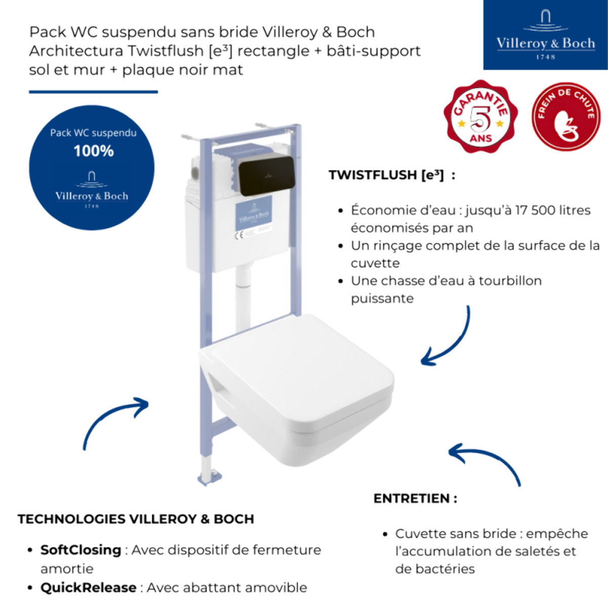 Pack WC suspendu sans bride Villeroy & Boch Architectura Twistflush [e³] rectangle + bâti-support sol et mur + plaque noir