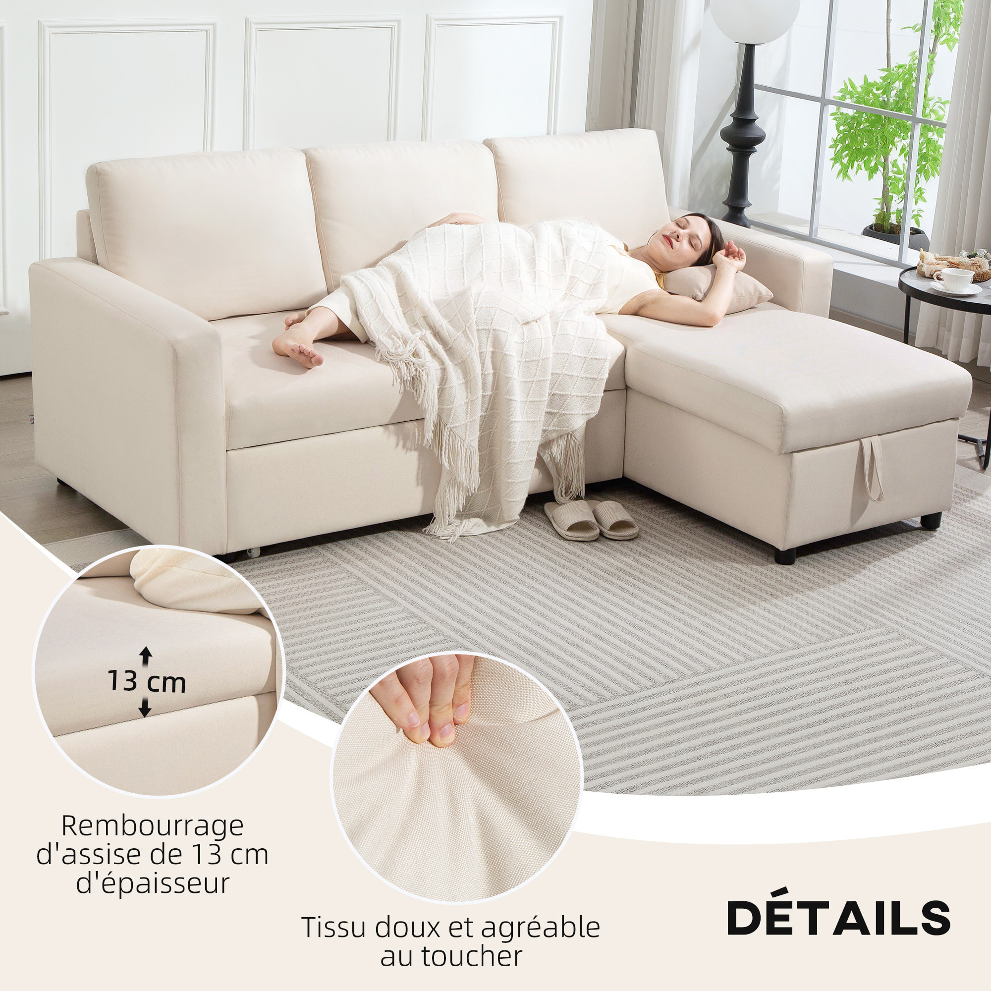 Canapé d'angle 3 places convertible réversible - coffre intégré - garnissage mousse haute densité - tissu beige