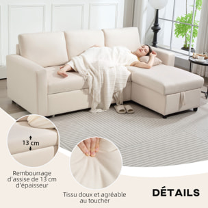 Canapé d'angle 3 places convertible réversible - coffre intégré - garnissage mousse haute densité - tissu beige