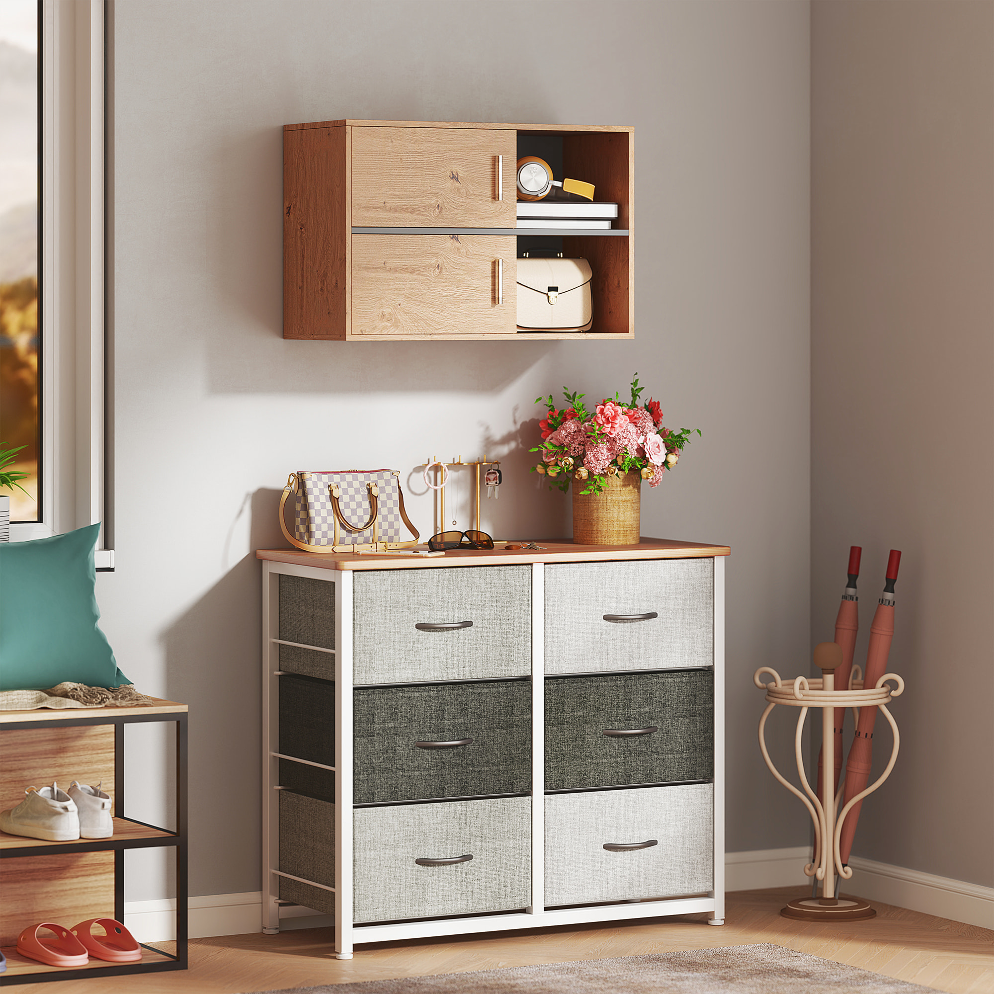 Mueble Auxiliar de Baño Armario de Baño de Pared con Compartimentos Abiertos y 2 Puertas Mueble de Baño Moderno para Cocina Entrada 80x35x57,5 cm Natural