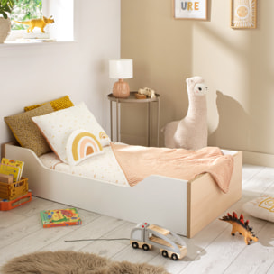 Lit évolutif 140x70 - Little Big Bed en bois décor chêne velours et balustres blancs