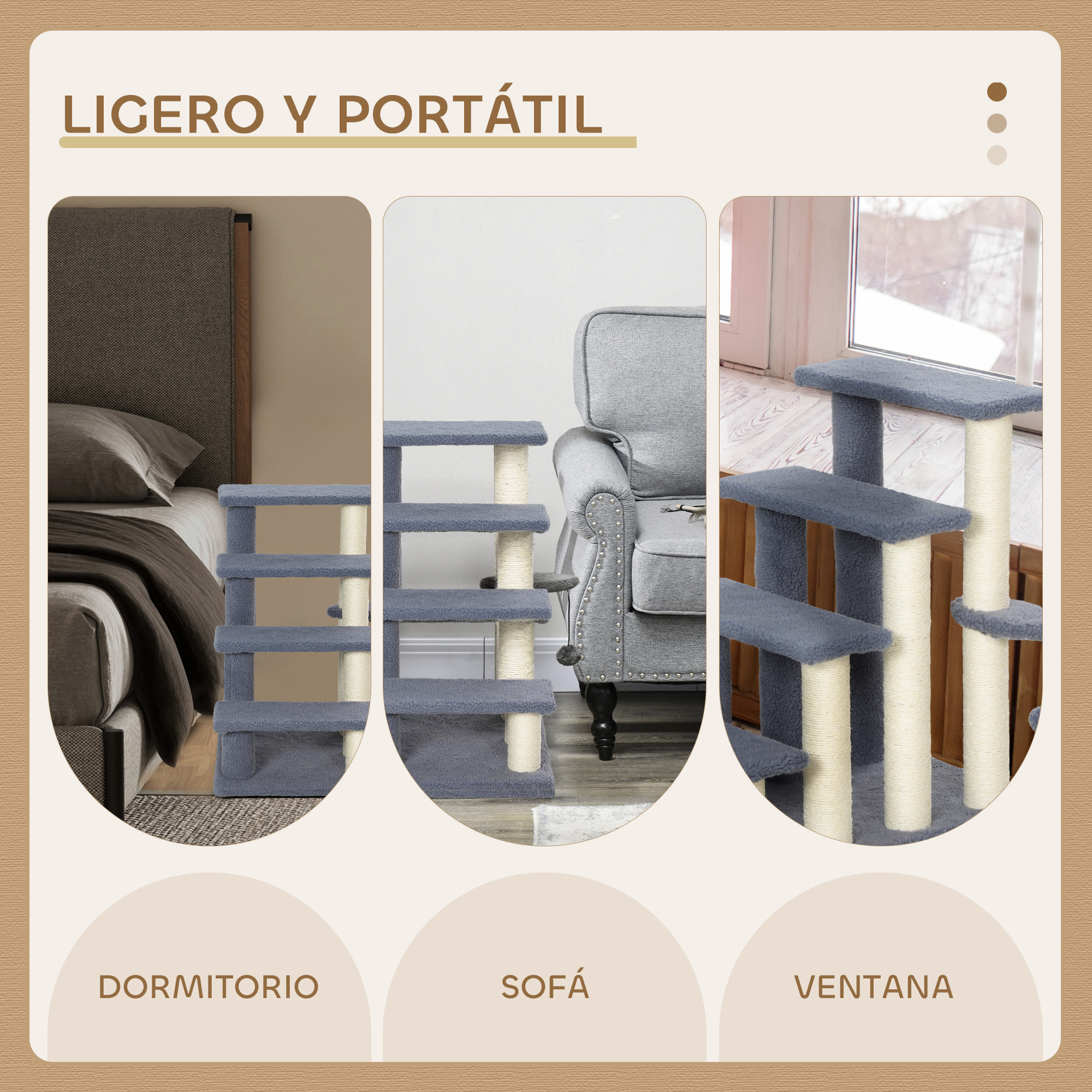 Escalera para Gatos de 4 Niveles Escalera para Mascotas Cubierto de Suave Felpa Poste de Sisal Bola Colgante Árbol Rascador para Gatos 60x40x64 cm Gris