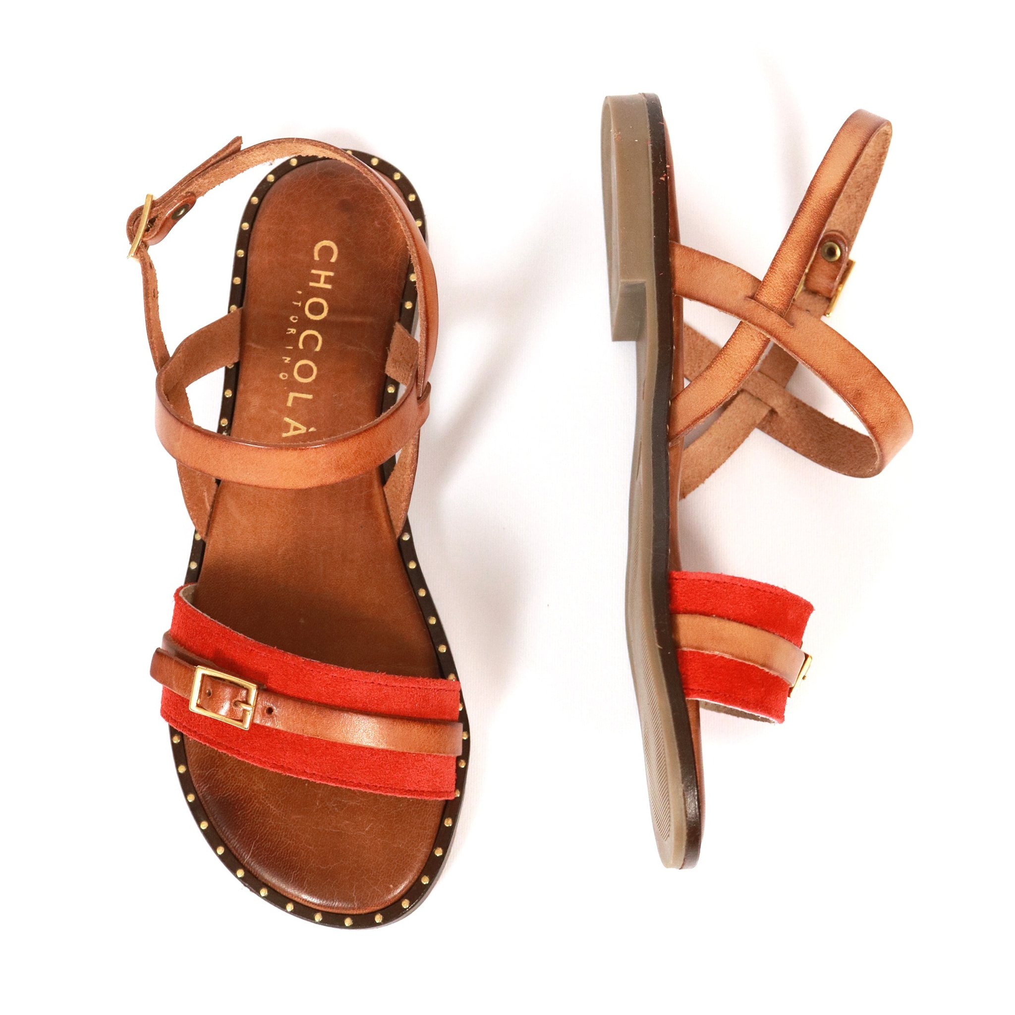 SANDALO FLAT CINTURINO CHOCOLA' VERA PELLE ROSSO