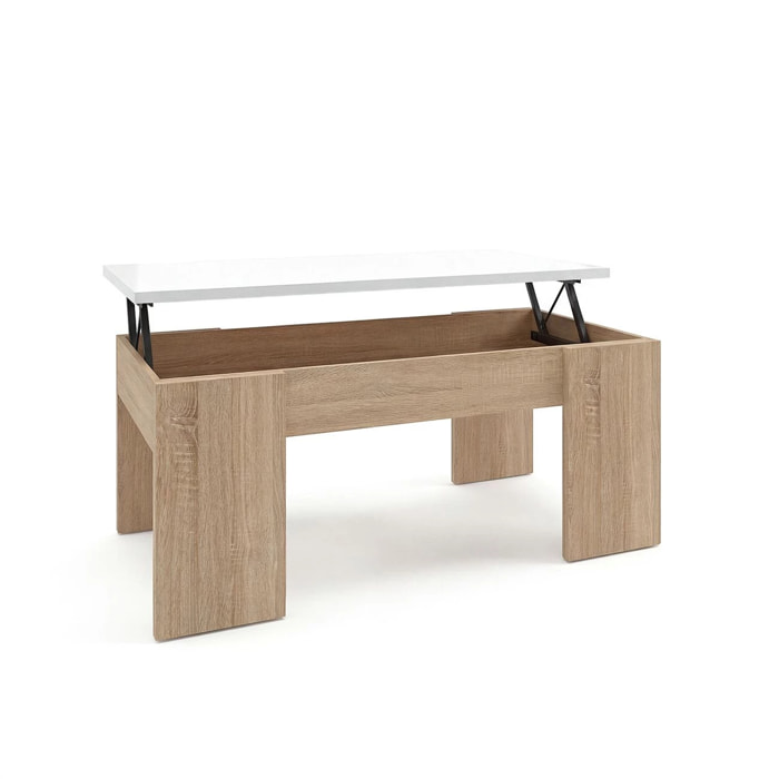 Mesa de centro elevable con almacenaje en roble canadian y blanco artik 100x45-56 cm Vita Roble Canadian - Blanco Artik (Blanco Mate)