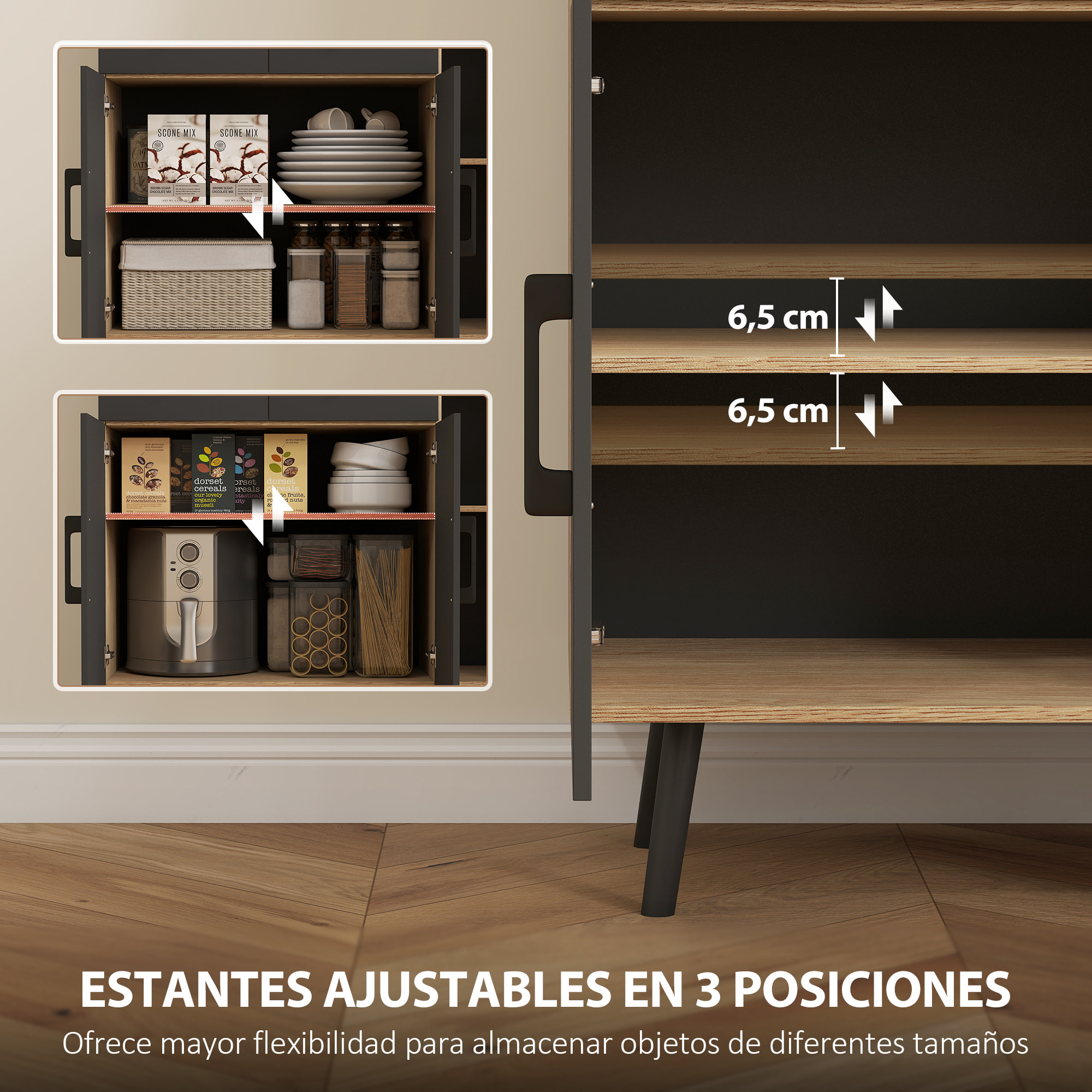 Alacena de Cocina Alta con Luces LED RGB Mueble Auxiliar de Cocina con 6 Puertas 2 Cajones Encimera y Orificio para Cables Estilo Moderno Negro y Roble 100x40x176 cm