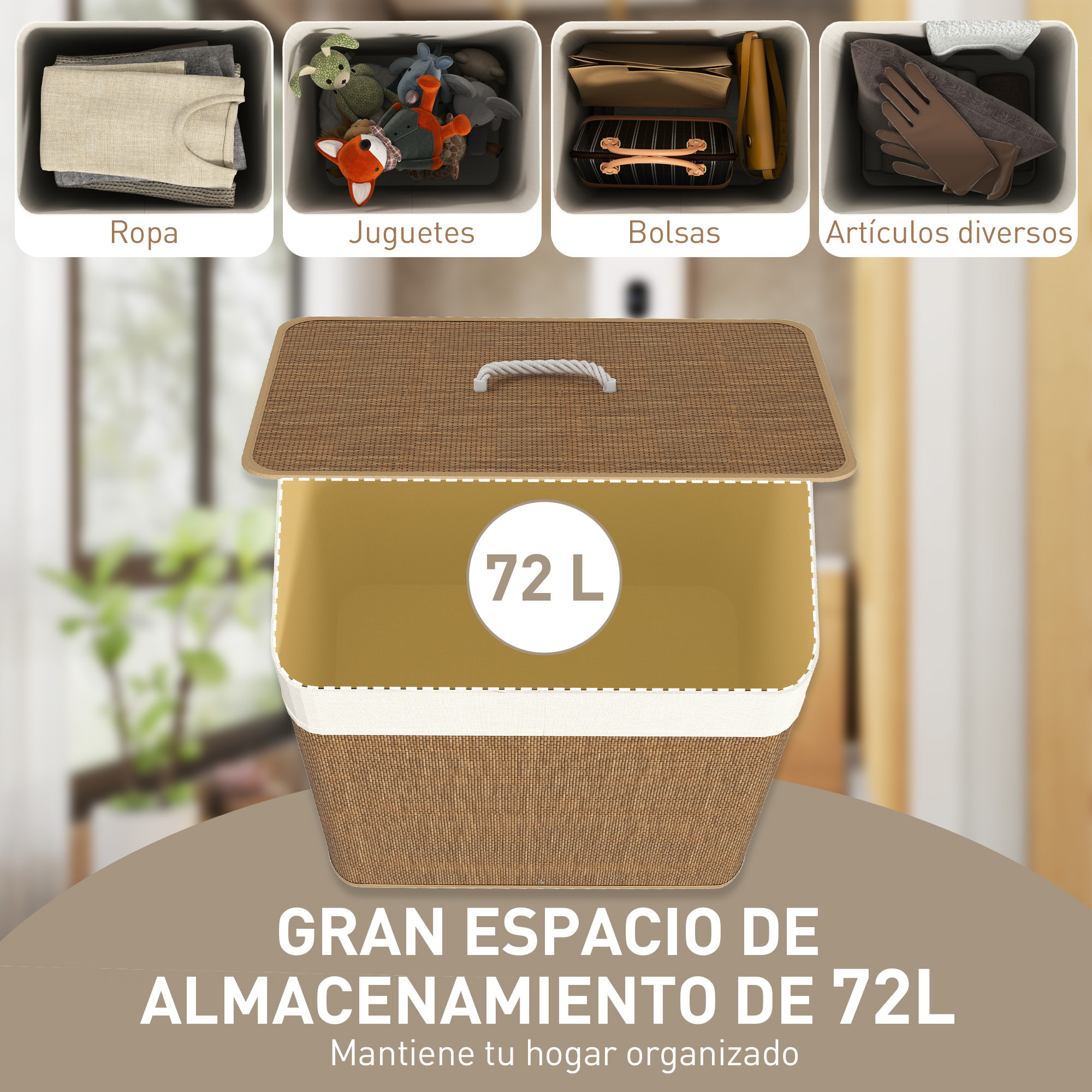 Cesto de Ropa Sucia con Tapa 72L Cesta Colada de Bambú con Bolsa Interior Extraíble y Asas para Lavandería Dormitorio 40x30x60 cm Marrón