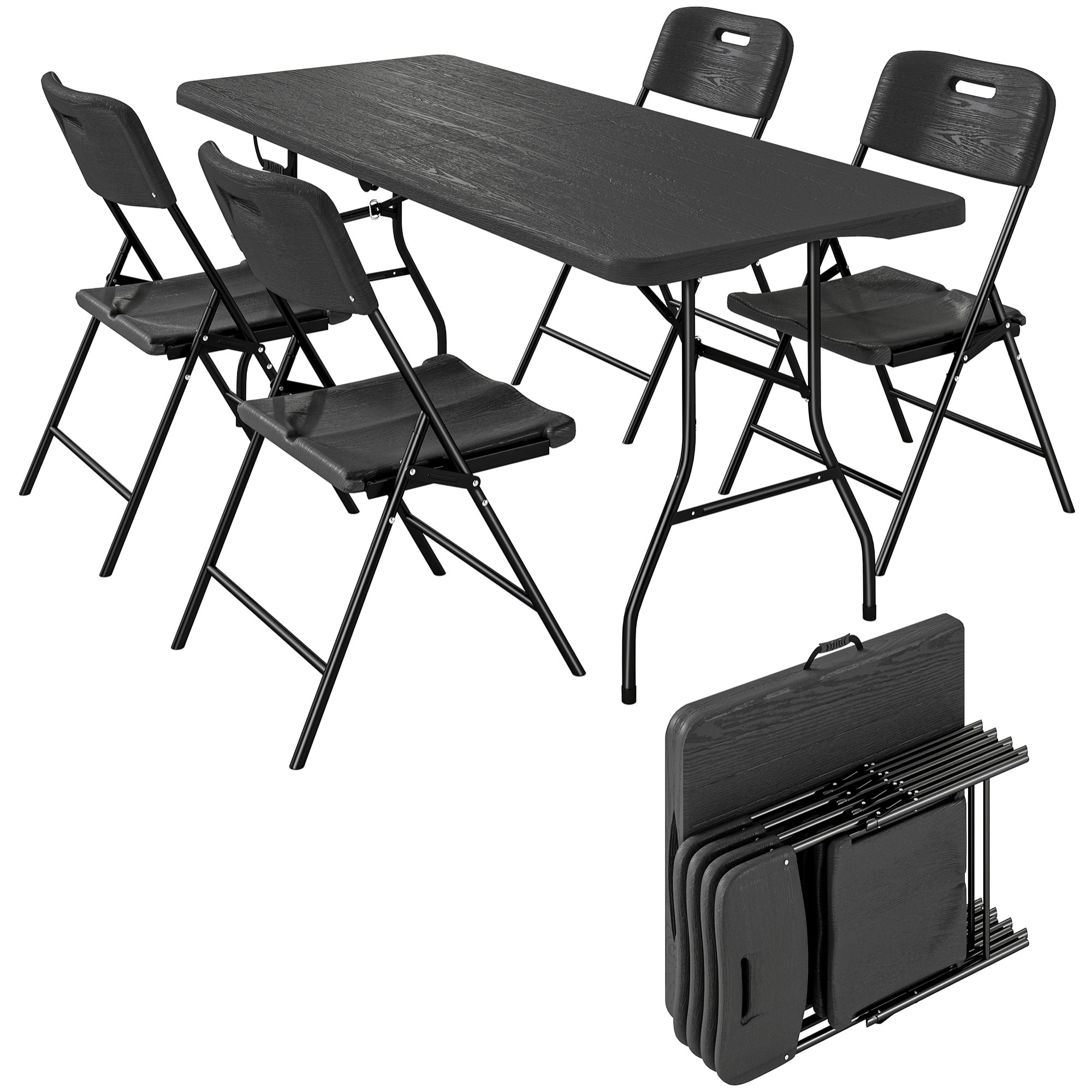Conjunto de Camping Plegable de 5 Piezas Mesa Plegable Camping con Sillas Incluye 1 Mesa 180x74x74 cm y 4 Sillas Tapa Impermeable HDPE y Estructura de Metal para Acampadas Jardín Pícnic Negro